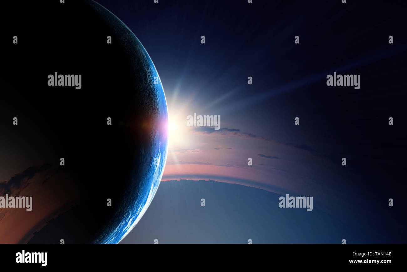 Abstract planets and space texture with sunrise and clouds Stock Photo ...