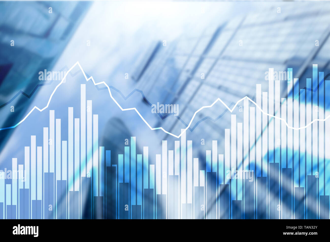 Double exposure Financial graphs and diagrams. Business, economics and investment concept. Stock Photo