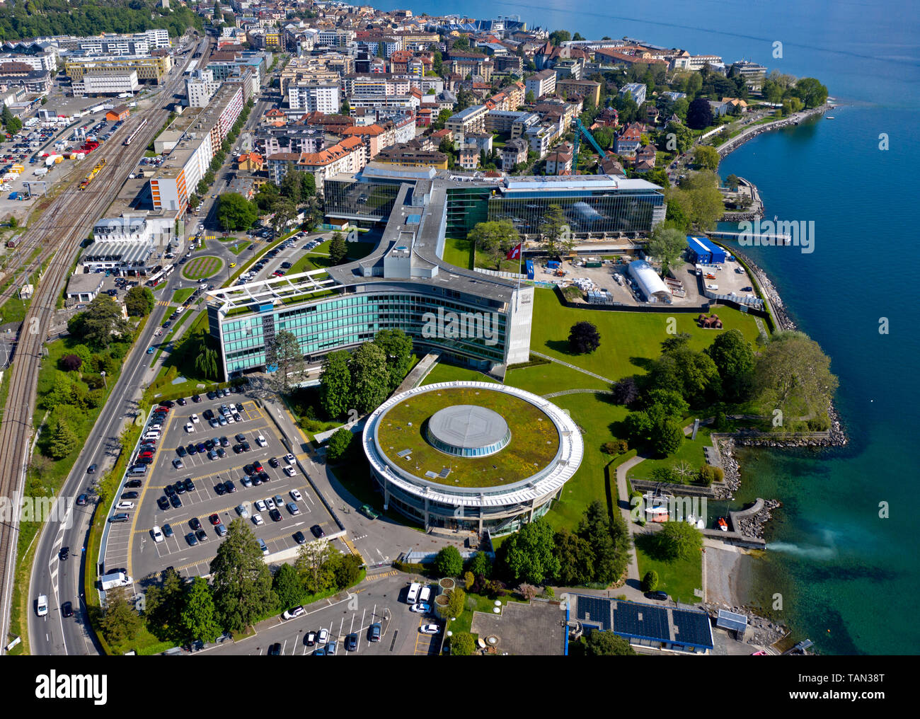 Headquarters of the Swiss multinational food and drink company Nestle S.A. at Lac Leman, Vevey, Switzerland Stock Photo