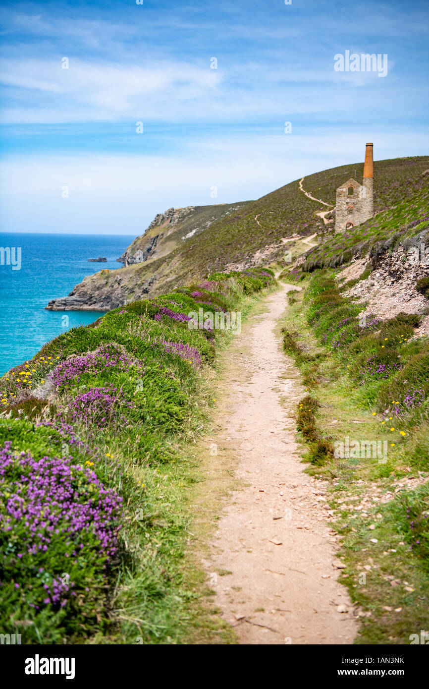coastal footpath leading to disused tin mine North Cornwall, England Stock Photo