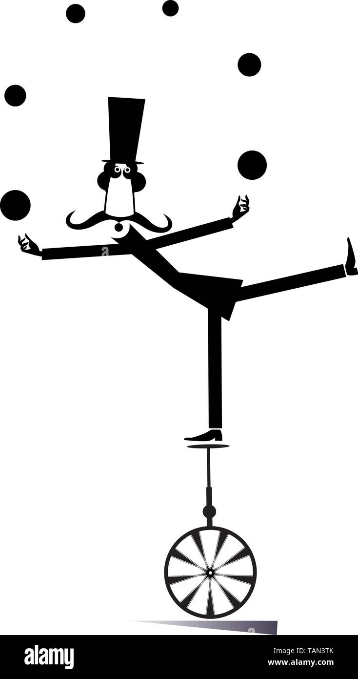 Funny long mustache man in the top hat balances on the unicycle and juggles the balls black on white illustration Stock Vector