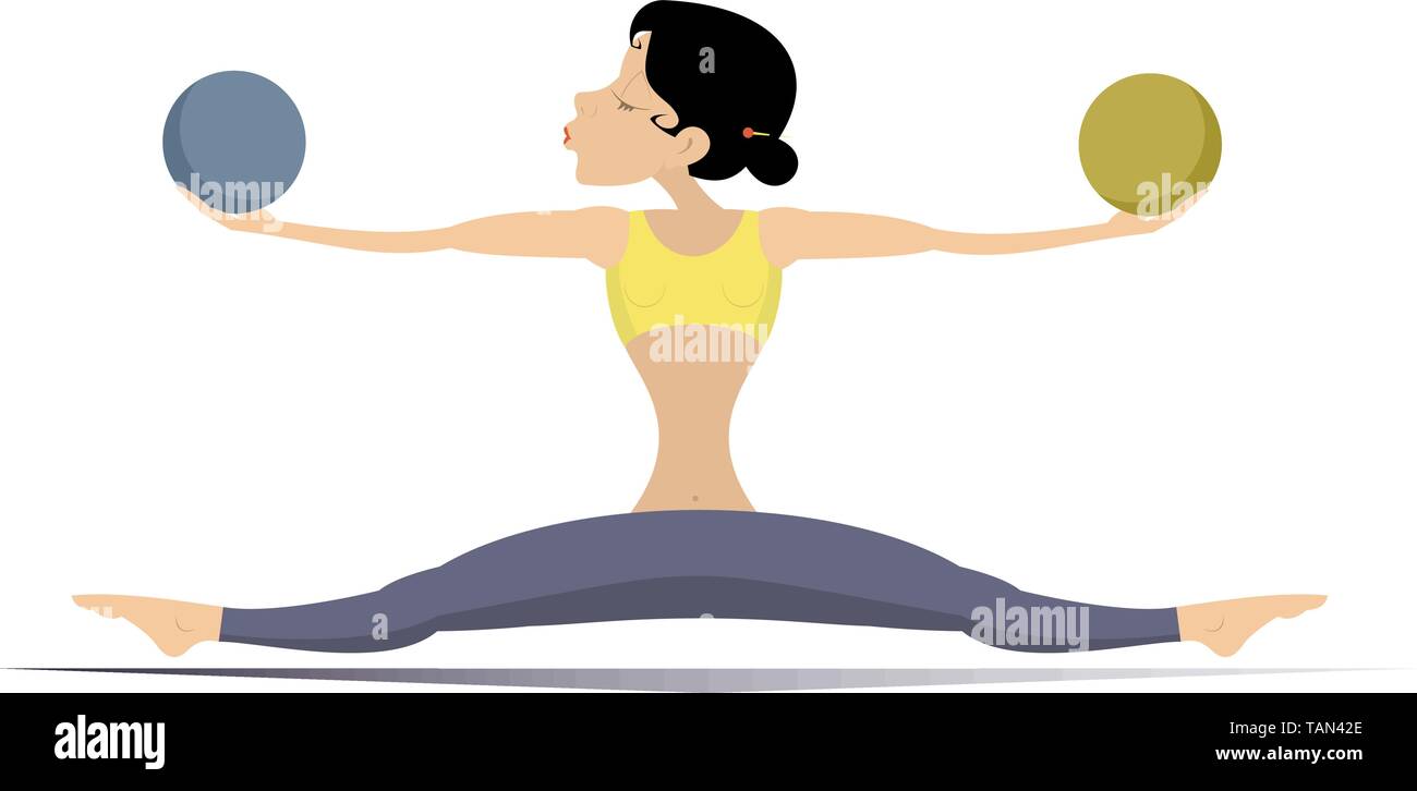 Young woman with lithe figure does exercises with the balls in both hands isolated on white illustration Stock Vector