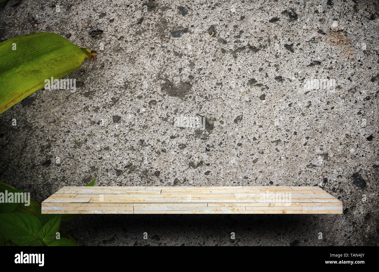 Blank Rock Stone Display Shelf On Plant Cement Wall Stock Photo Alamy