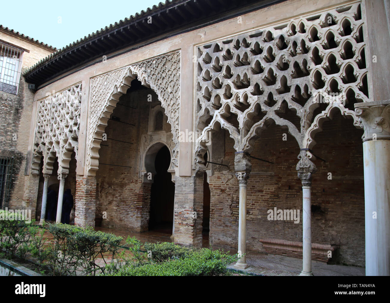 Spain. Seville. Alcazar of Seville. Patio del Yeso, 12th century. Part of old Almohad palace. South portico. Stock Photo