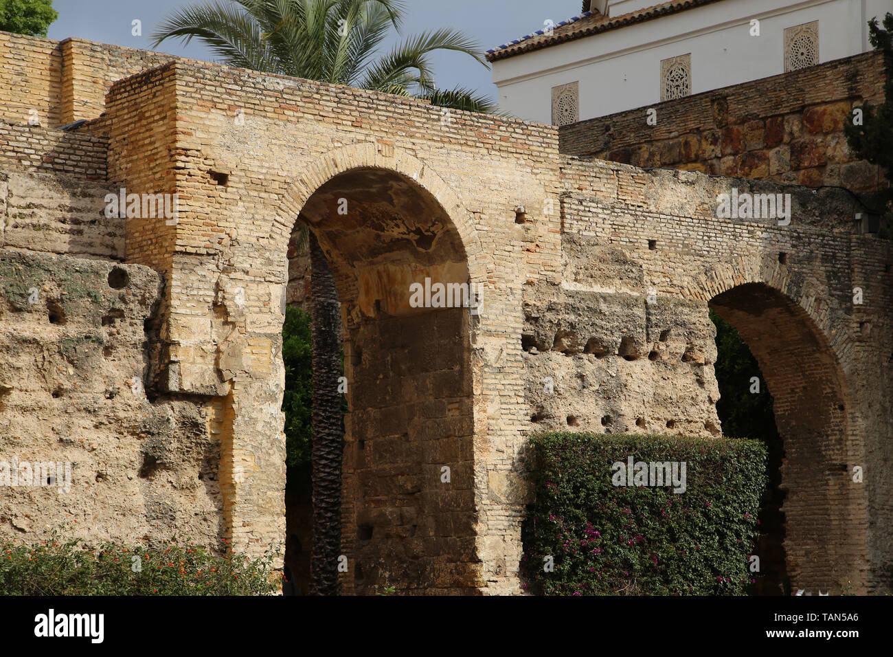 Spain. Seville. Alcazar. Patio de la Monteria (The Hunting Courtyard). Old walls. Stock Photo
