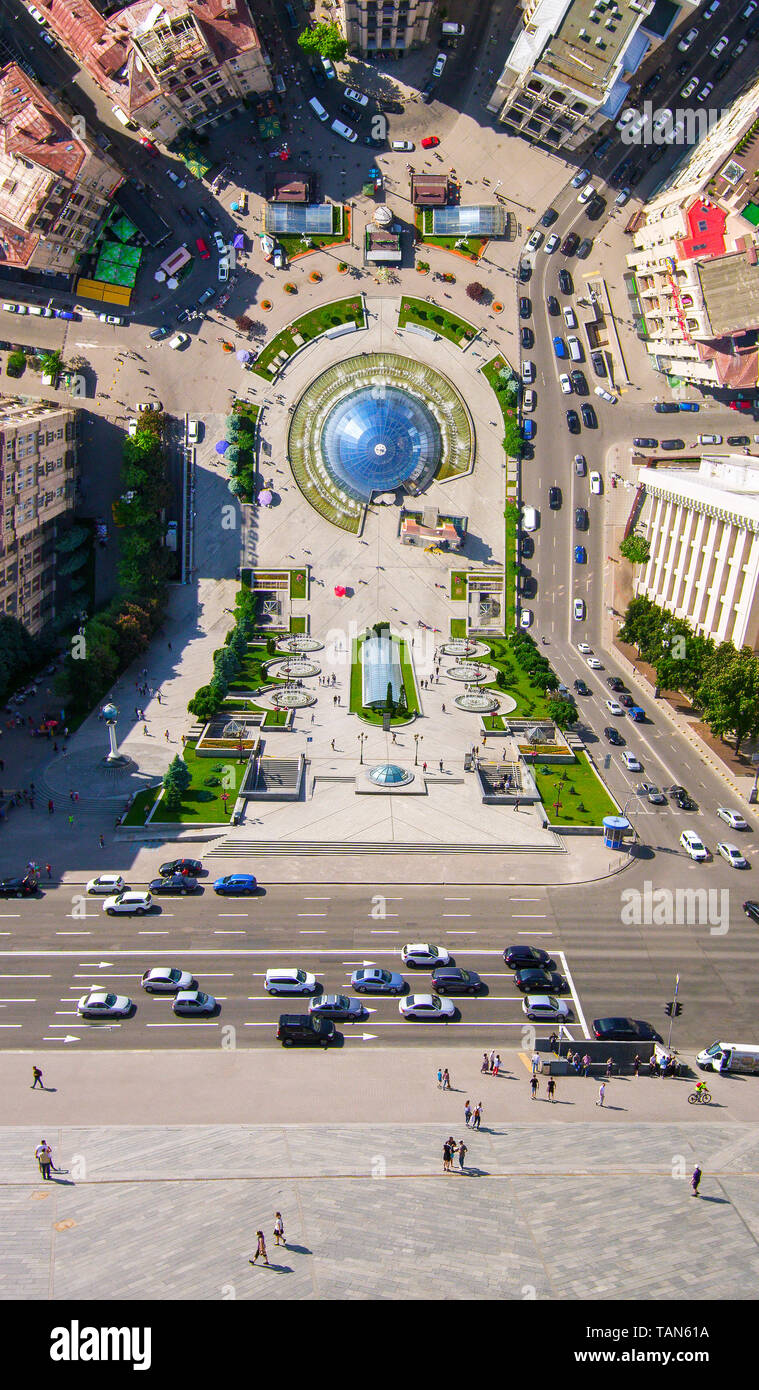 Flying drone above the square in the city center. Top view of the Independence Maidan. Photo in the style of the film Inception. Ukraine Kiev Independence Maidan Stock Photo