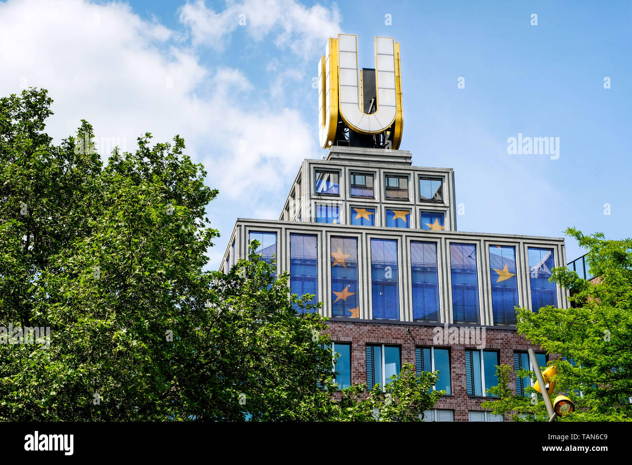 Video installation artwork of Adolf Winkelmann on top of the Dortmund U-tower, a building of the former Union Brauerei brewery, future arts and culture center. Dortmund, Germany Stock Photo