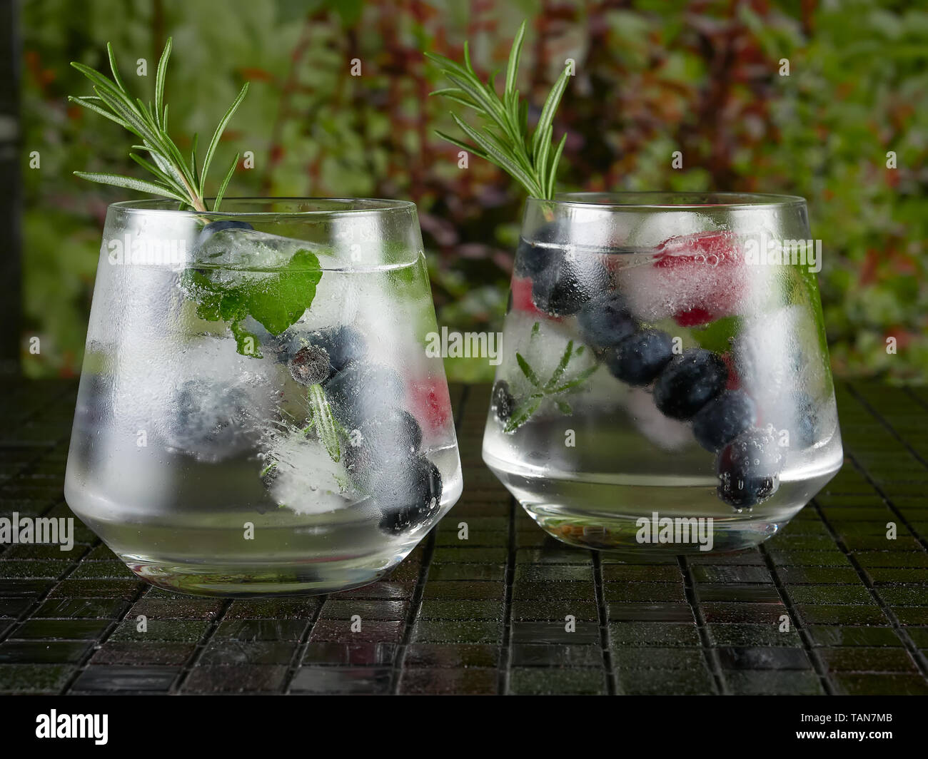 Gin tonic decorated with a rosemary sprig and fresh berries Stock Photo