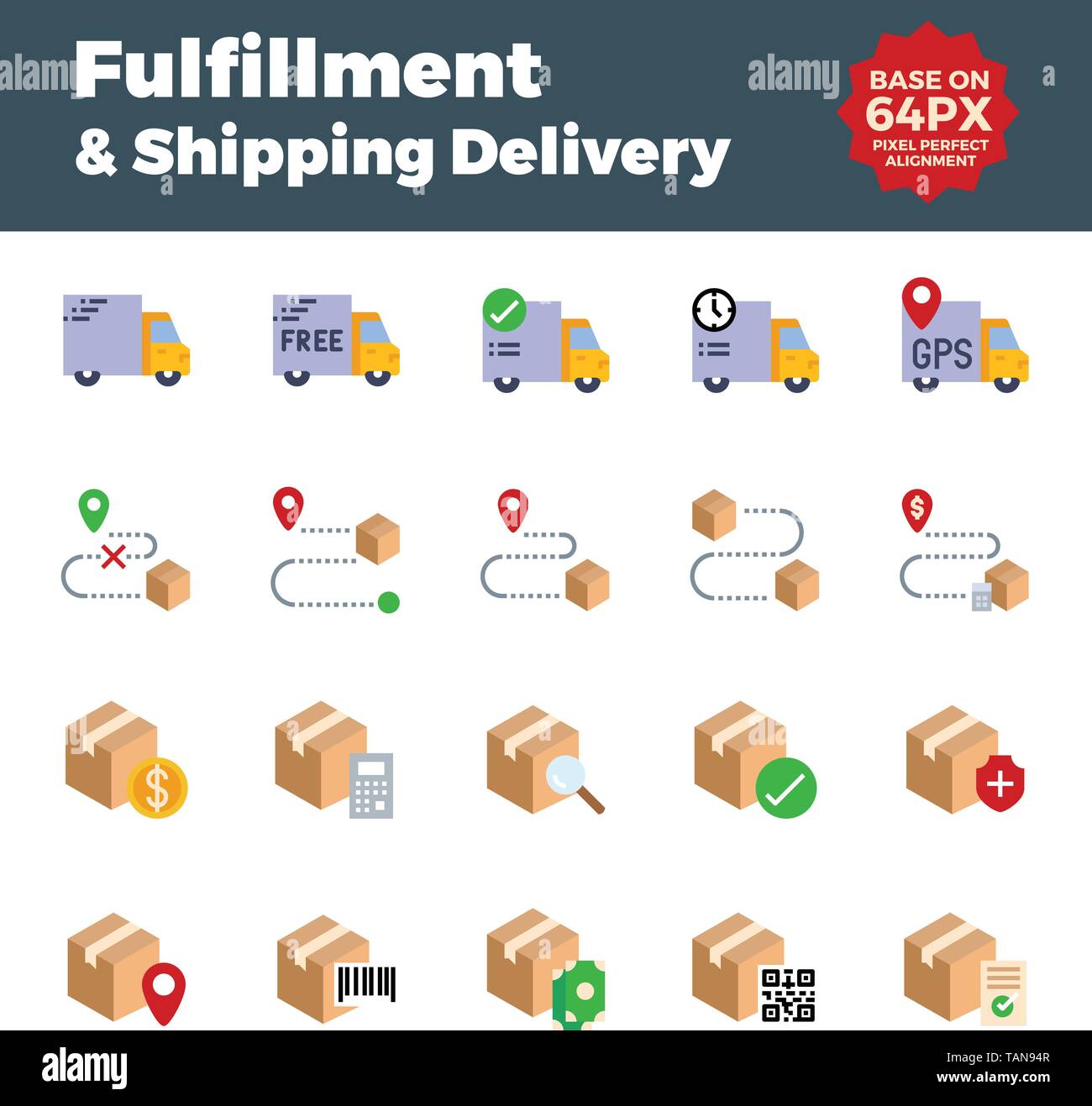 Fulfillment and shipping delivery flat icons. Base on 64px with pixel perfect alignment. Stock Vector