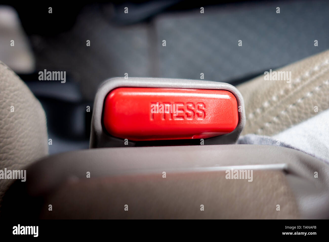 pressing and releasing button seat belt buckle in car Stock Photo Alamy