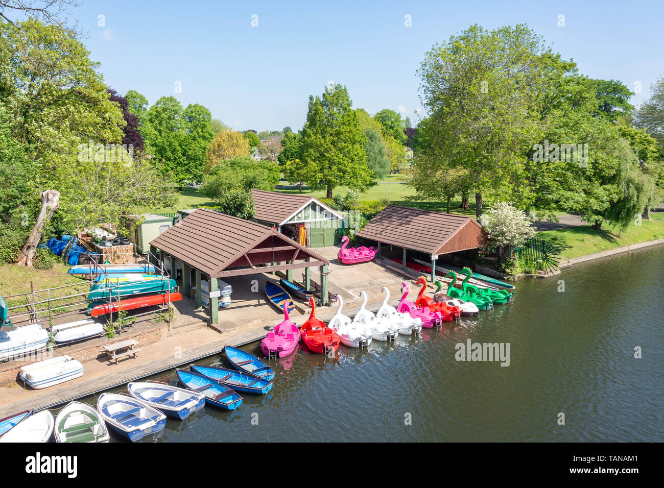 Hire boats on River Avon and St Nicholas Park, Warwick, Warwickshire, England, United Kingdom Stock Photo