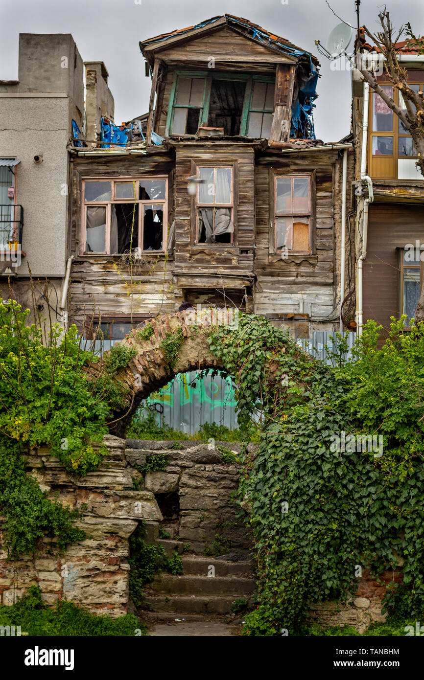 Old abandoned traditional turkish wooden house on Istanbul, Turkey Stock Photo