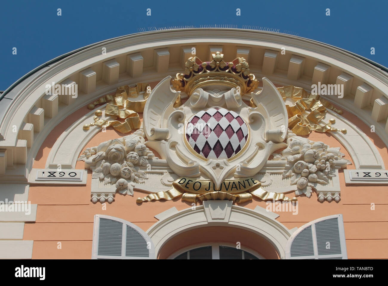 Monte Carlo, Monaco - Apr 19, 2019: State Emblem on building facade Stock Photo