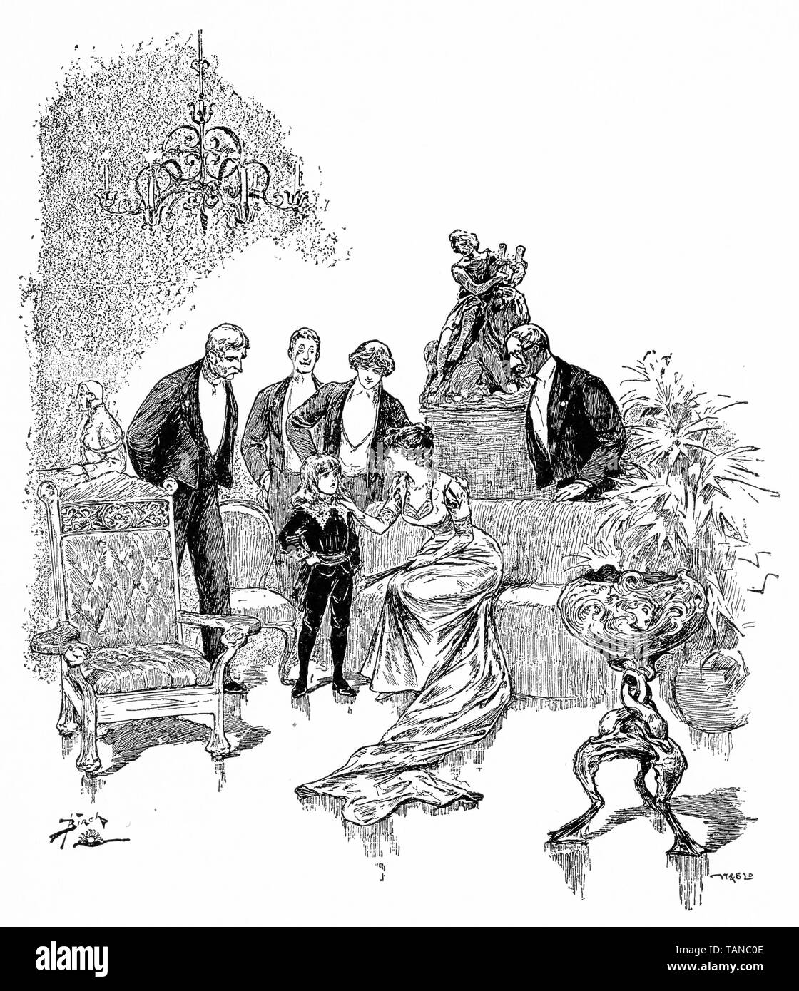 Engraving of Cedric telling one of the guests at the ball that she is very beautiful in the novel, Little Lord Fauntleroy Stock Photo