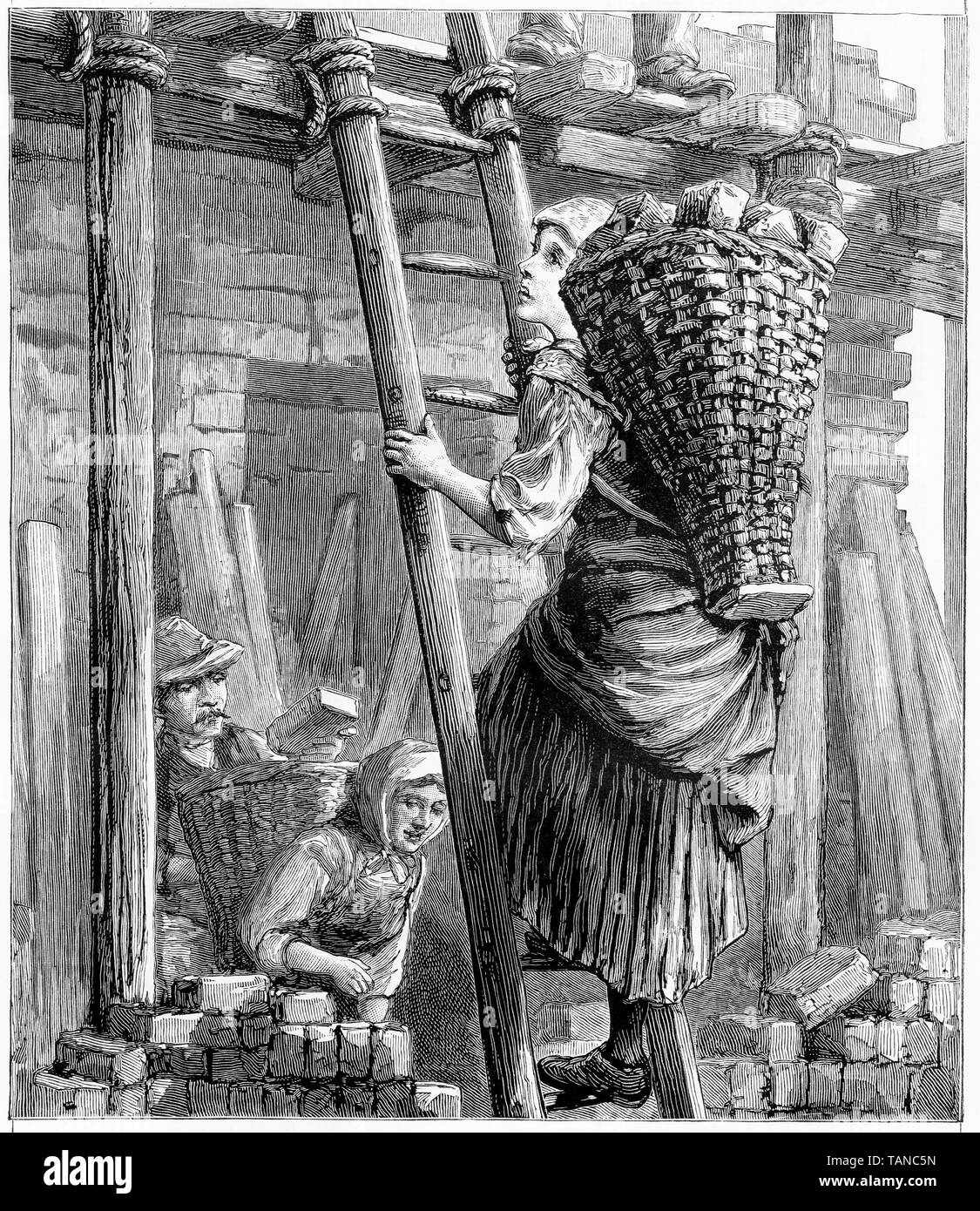 Engraving of a young woman in Bohemia carrying a load of bricks to the bricklayer. From Chatterbox magazine, 1905 Stock Photo