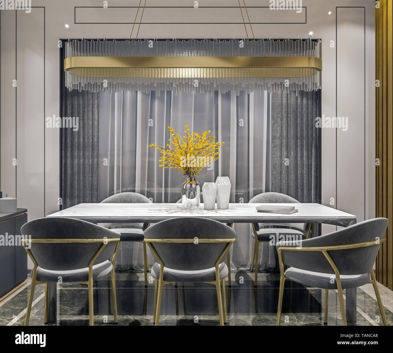 Modern interior design of grey gold dining room with side console and wooden slabs wall, dark and moody night scene, 3d rendering Stock Photo