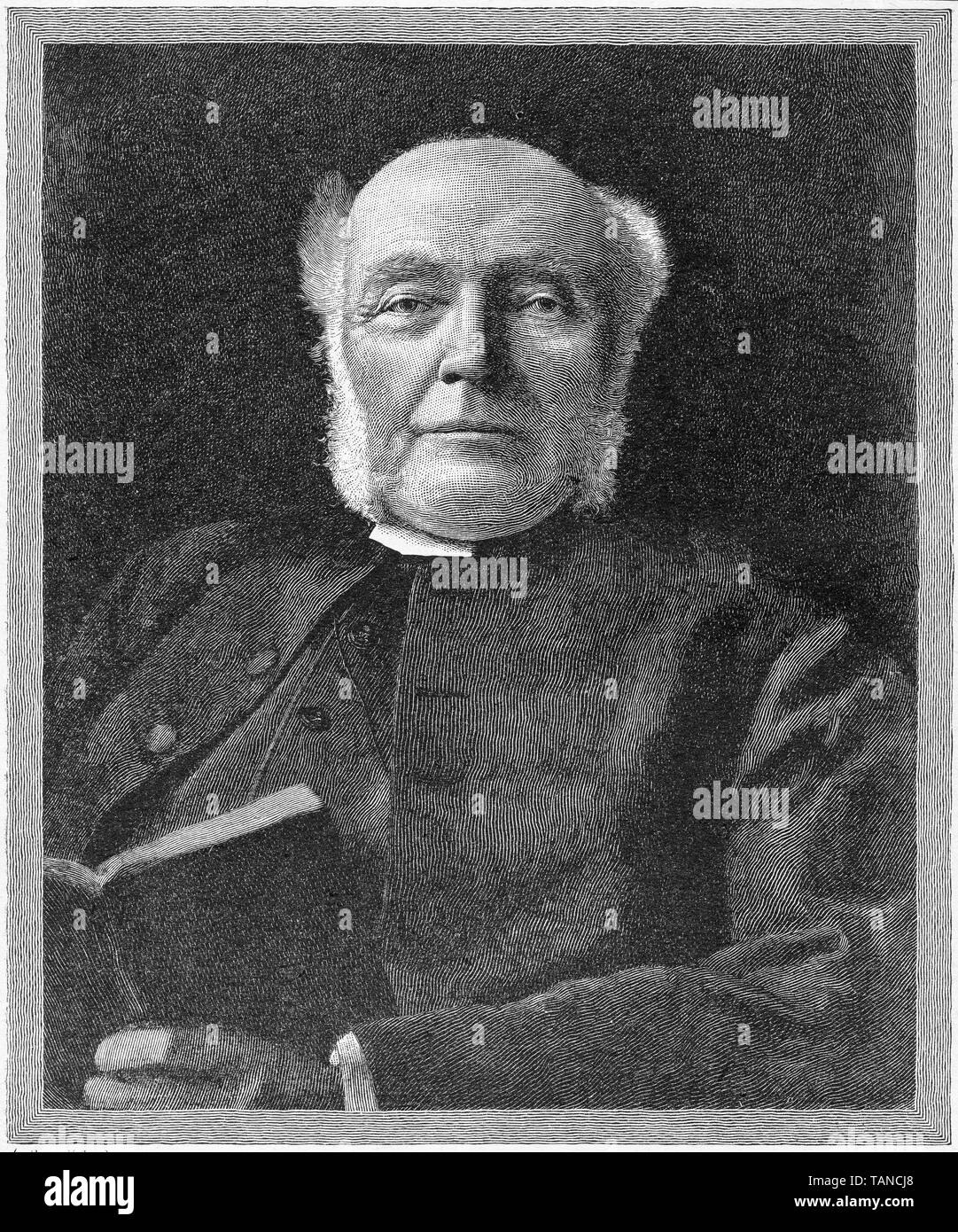 Engraving of Rev. John Erskine Clarke (1827–1920)  British clergyman who issued the first parish magazine. Clarke was the honorary chaplain to Queen Victoria, Edward VII and George V. Stock Photo