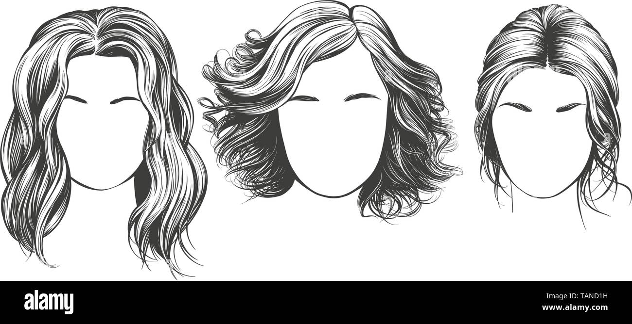 girl set, beautiful woman face hand drawn vector illustration sketch ...