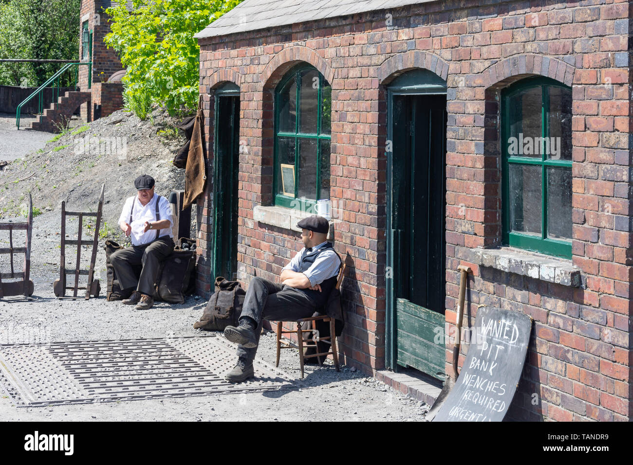 Workers outside colliery hut, Black Country Living Museum, Dudley, West Midlands, England, United Kingdom Stock Photo