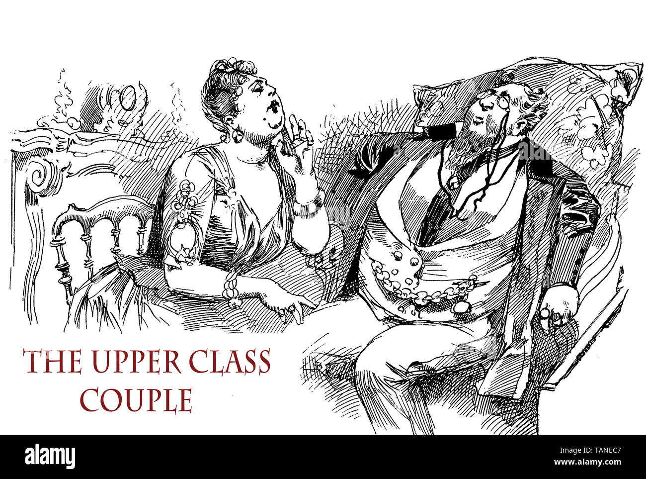Caricature of an upper class middle age couple fancy dressed, the woman very self confident and pretentious Stock Photo