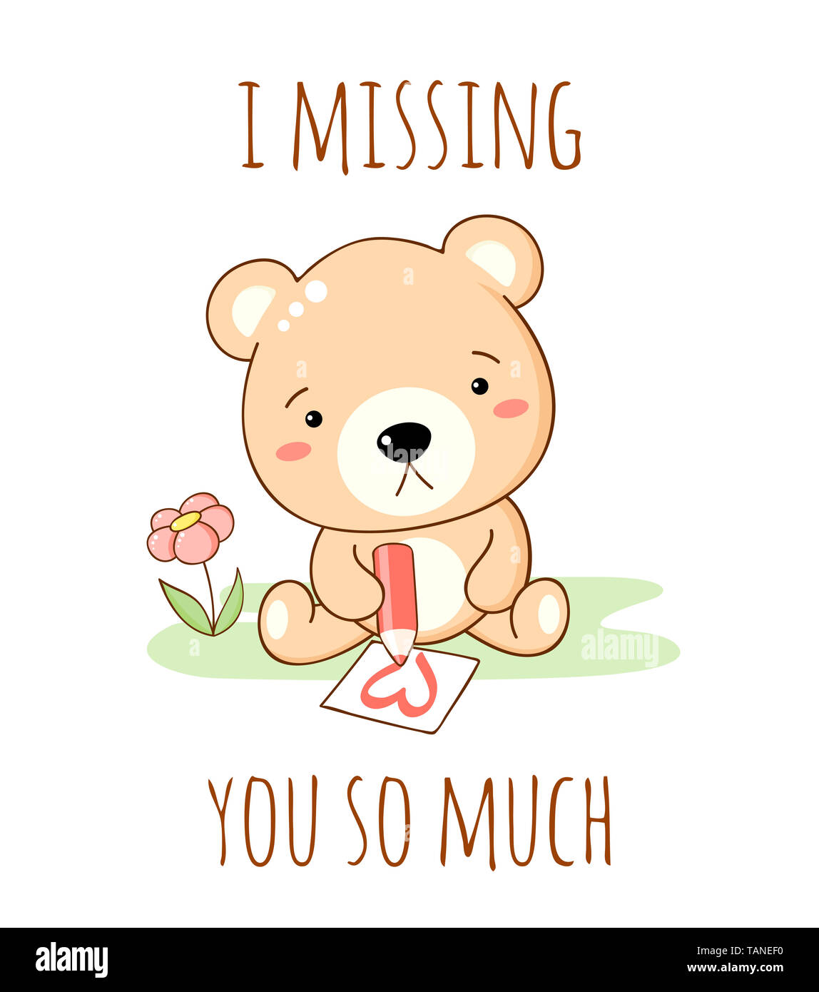 Cute sad cartoon bear draws a pencil heart. Inscription I missing you so  much. Isolated on white background. EPS8 Stock Photo - Alamy