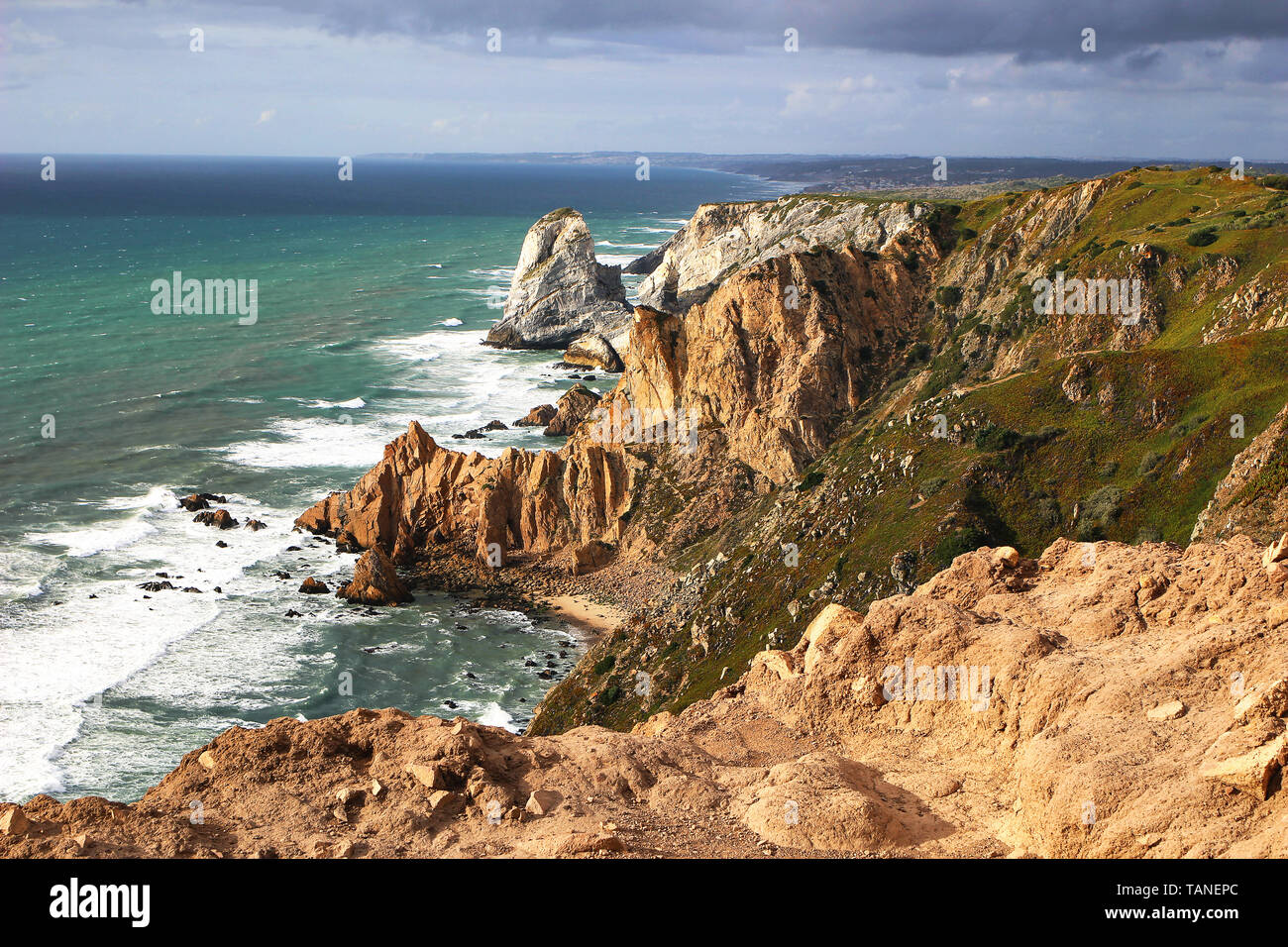Scenic landscape of cape Roca, Cabo da Roca, Sintra, Portugal. The westernmost point of mainland Europe. Beautiful cliffs, rocks and wild Atlantic Stock Photo