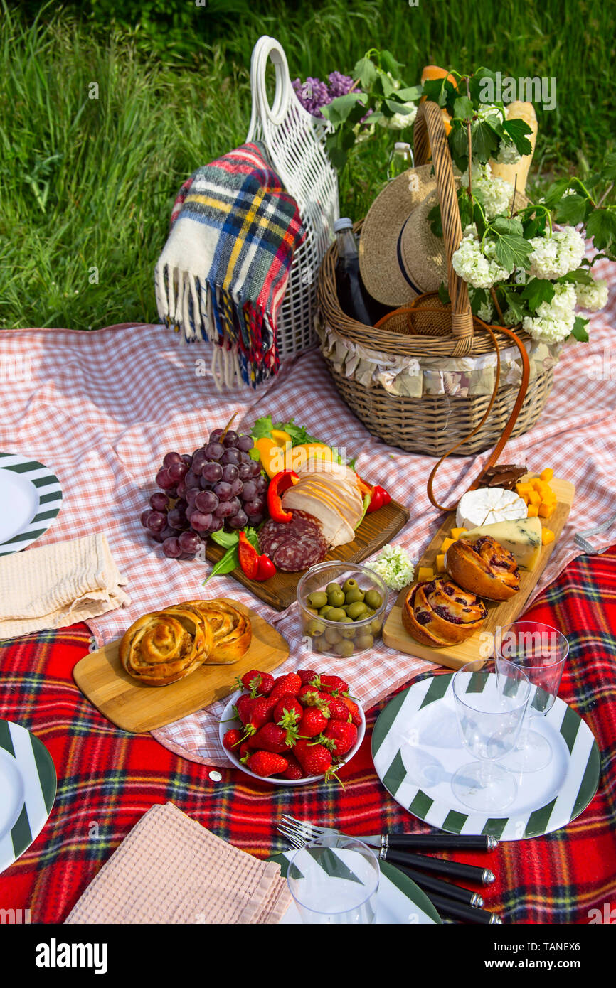 Beautiful picnic on nature and green grass with a red checkered bedspread  and a beautiful basket of food and flowers Stock Photo - Alamy