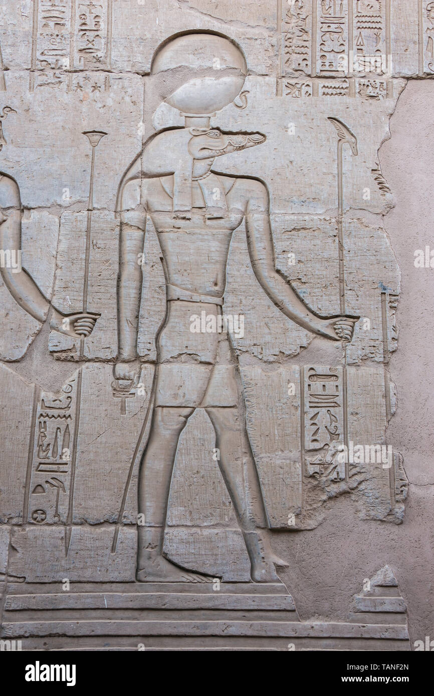 Bas relief of Sobek in the Temple of Kom Ombo Stock Photo
