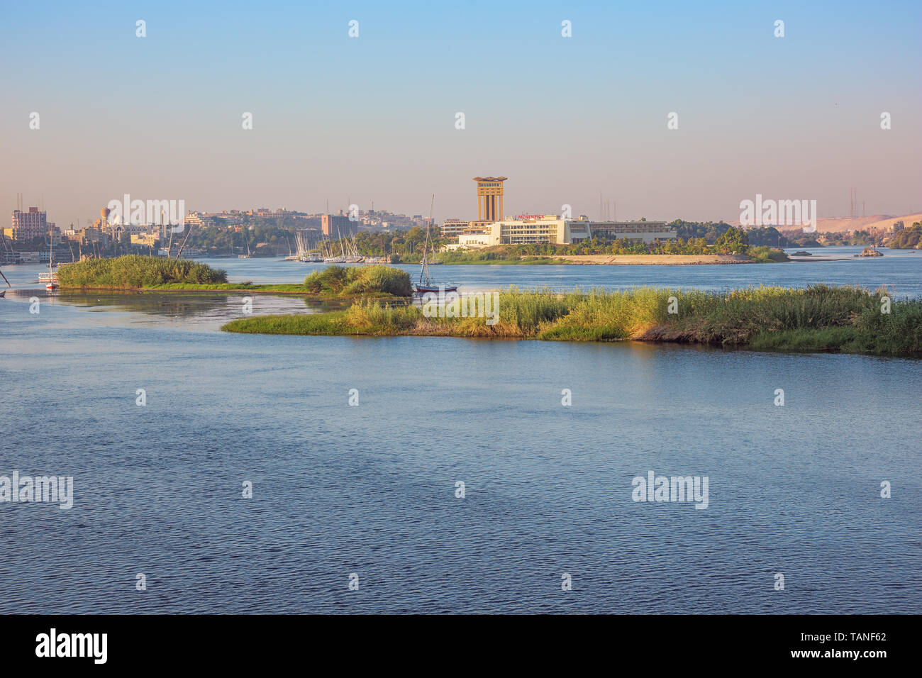 Editorial: ASWAN, EGYPT, October 14, 2018 - The Nile with Aswan in a distance and some islands Stock Photo