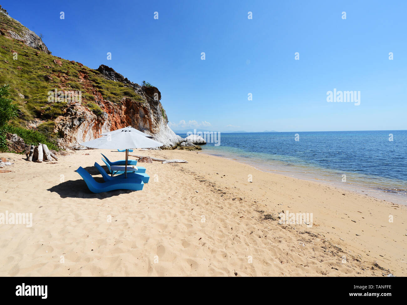 The cozy beach at the X Pirates camp on Sebayur Besar island near Labuan Bajo, Indoensia. Stock Photo
