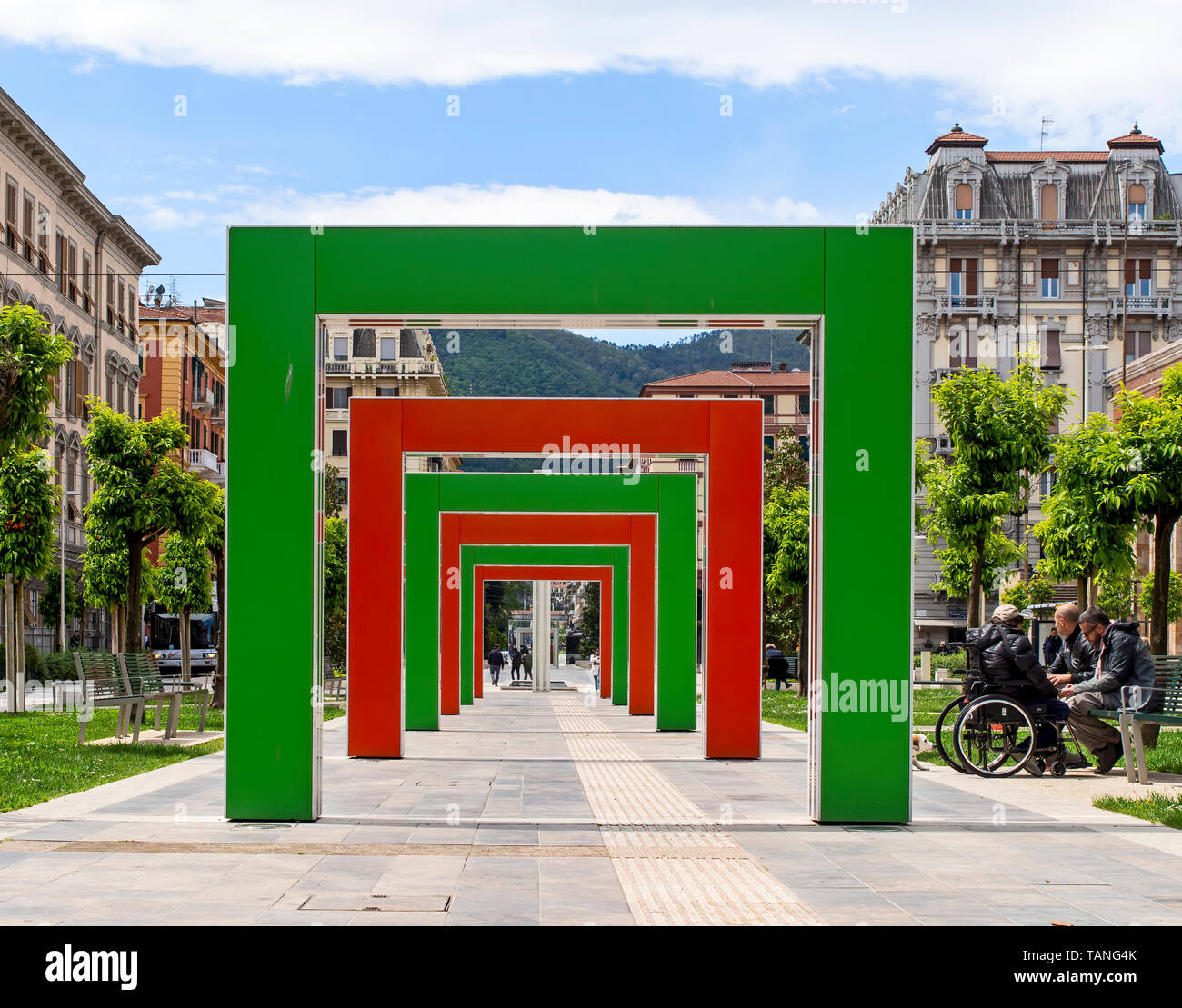 LA SPEZIA, ITALY, MAY 15, 2019: Piazza Verde in the centre of La Spezia town with red and green arches by Daniel Buren. Liguria, Italy. Old meets new. Stock Photo