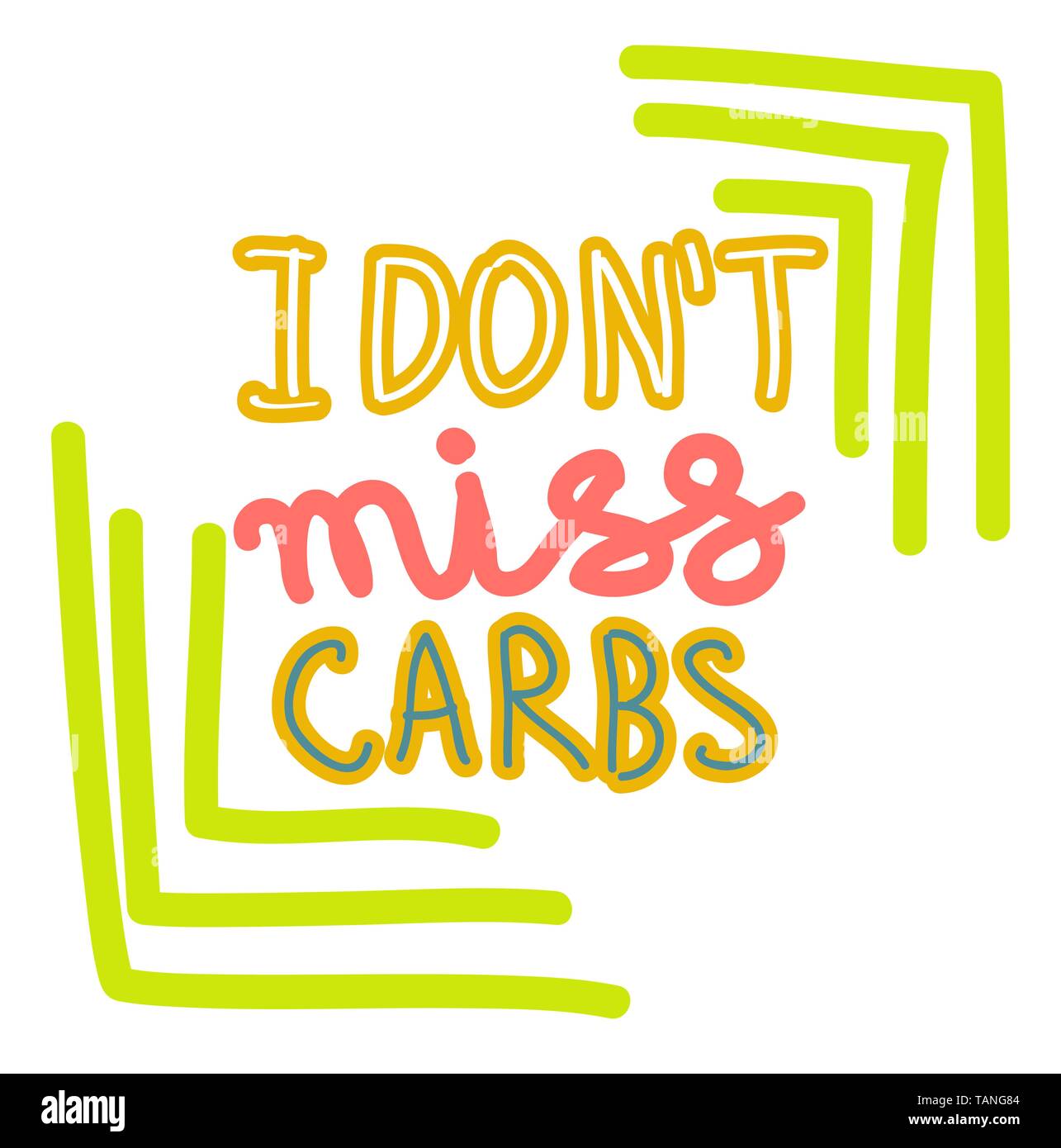 I don t miss carbs hand drawn lettering. Keto diet flat collage illustration. Ketogenic eating slogan. Healthy low carb nutrition. poster, banner, t-s Stock Vector