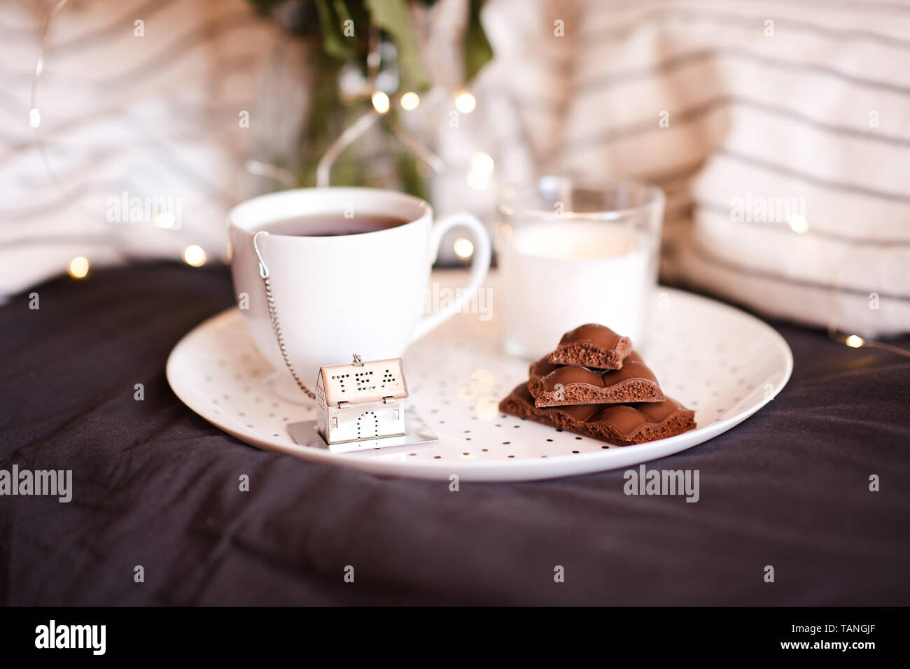 Cup Of Tea With Milk Chocolate Closeup Good Morning Stock Photo