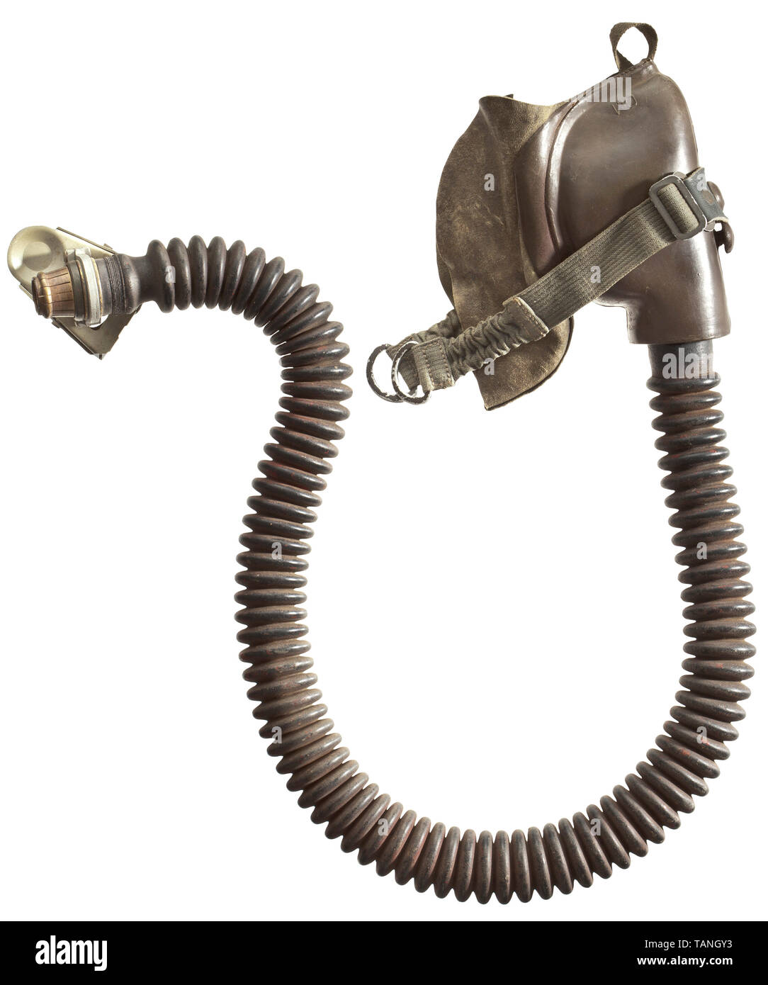 An oxygen mask for crew members, typ mod. 10-6702 (Dräger) manufactured by Auer, Berlin Rubber, leather, cloth, aluminium, steel. The mask stamped with the manufacturer's mark 'Auer 10-67' (Auer, Berlin) and 'Gr. 1' (tr. 'size 1'). Fastening straps, a metal clip (stamped 'AB') at the end of the tube. Signs of age and use. Length circa 80 cm. historic, historical, Air Force, branch of service, branches of service, armed service, armed services, military, militaria, air forces, object, objects, stills, clipping, clippings, cut out, cut-out, cut-outs, 20th century, Editorial-Use-Only Stock Photo