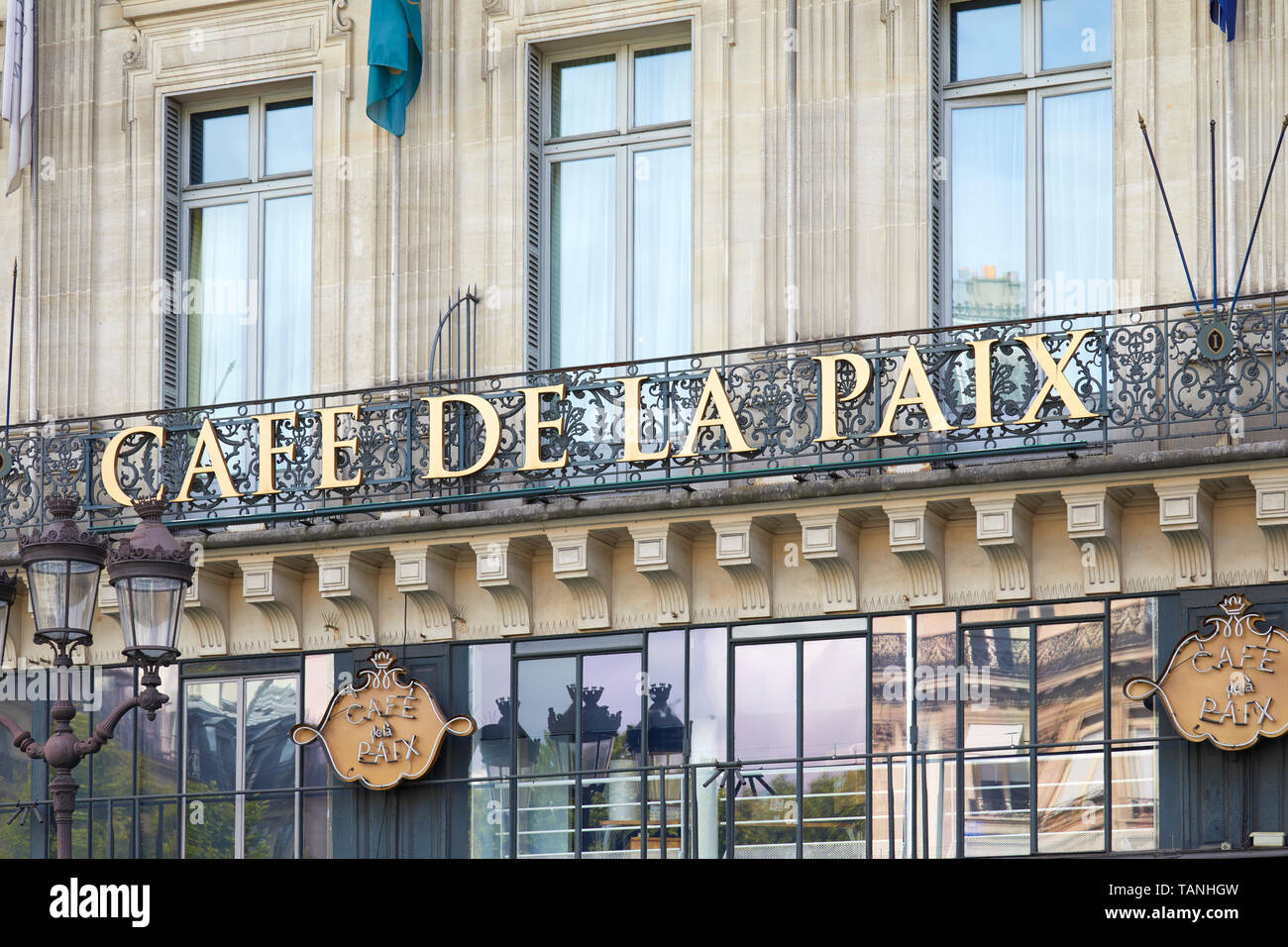PARIS, FRANCE - JULY 22, 2017: Famous Cafe de la Paix sign in golden letters in Paris, France Stock Photo