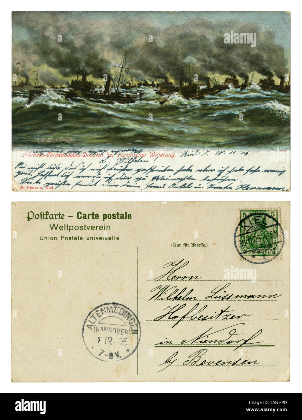 German historical postcard: Navy, warships at sea. The maneuvers of the torpedo. Stormy sea. Black smoke from ship's pipes. Back side, Kiel, 1905 Stock Photo