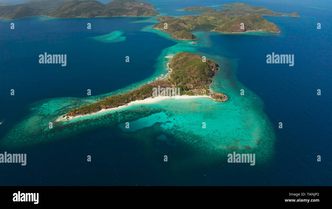 aerial view tropical island with sand white beach, palm trees ...