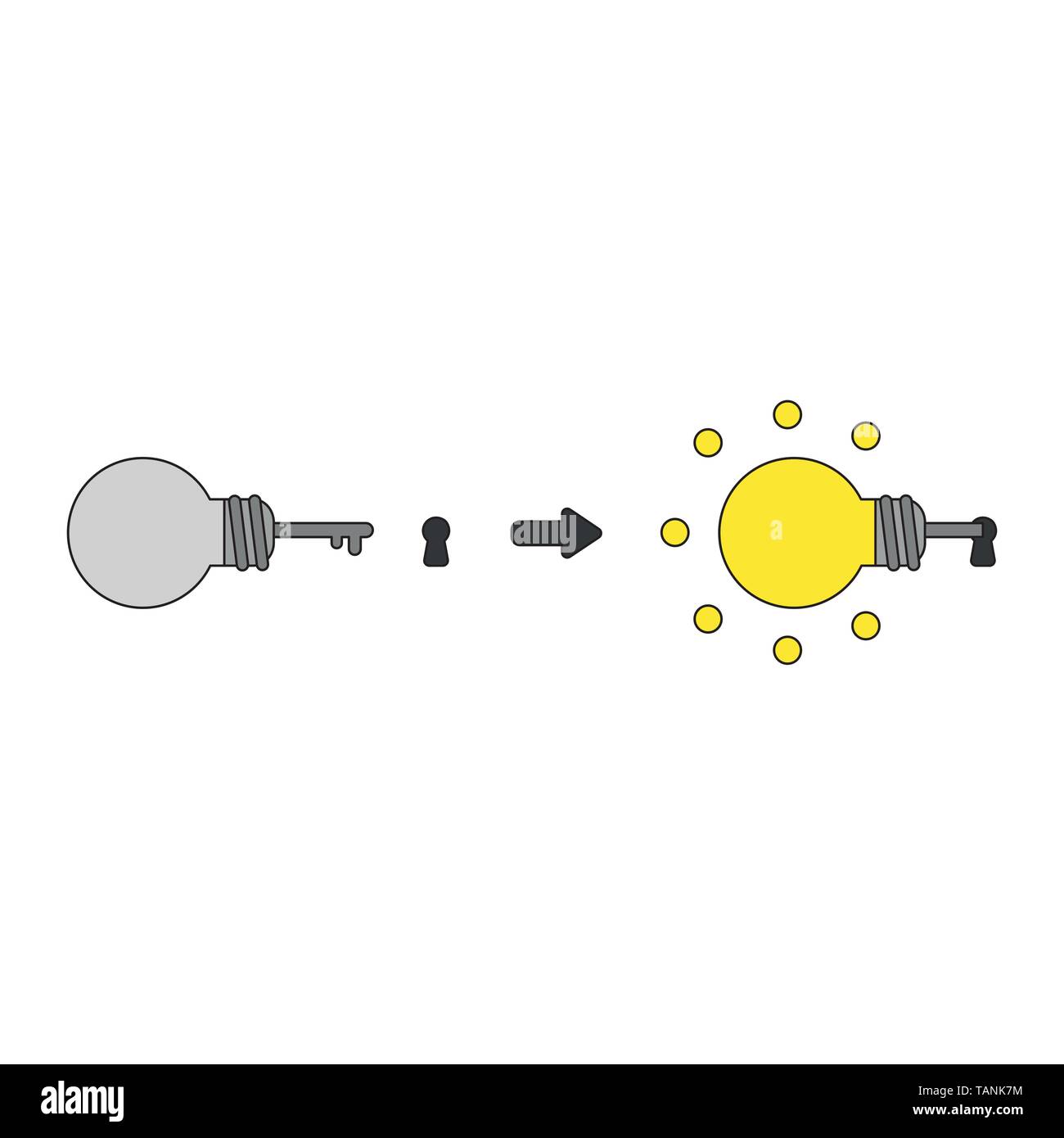 Vector icon concept of grey light bulb key into keyhole and glowing ...
