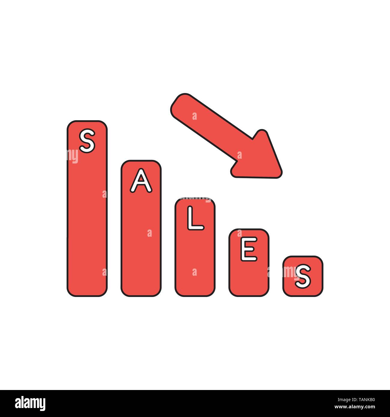 Vector icon concept of sales bar graph moving down. Black outlines and ...