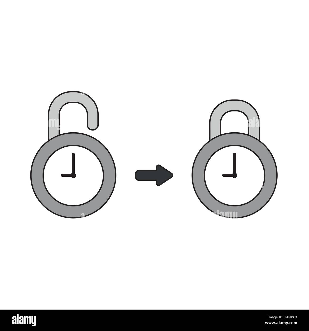 Vector icon concept of opened and closed clock padlocks. Black outlines ...