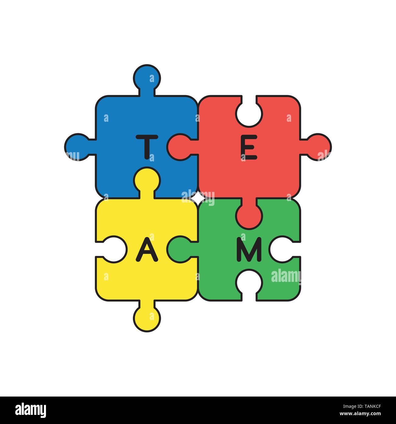 Vector icon concept of four connected team jigsaw puzzle pieces. Black ...