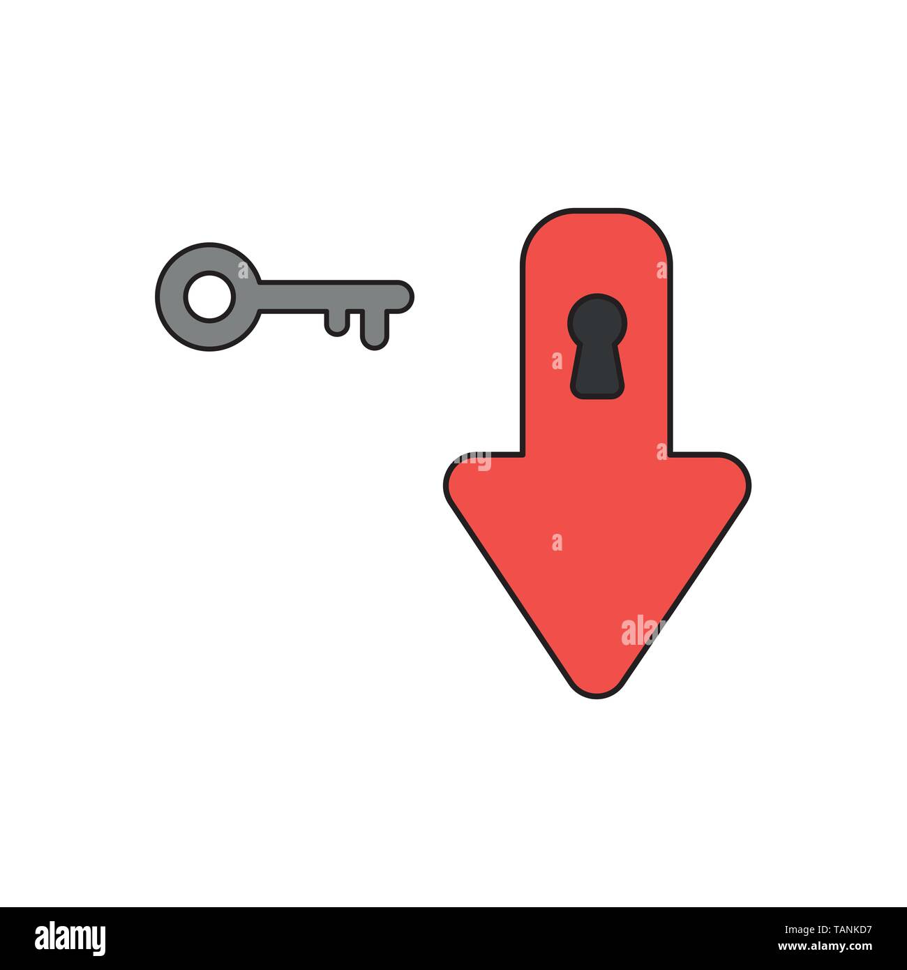 Vector icon concept of arrow moving down with keyhole and key. Black outlines and colored. Stock Vector