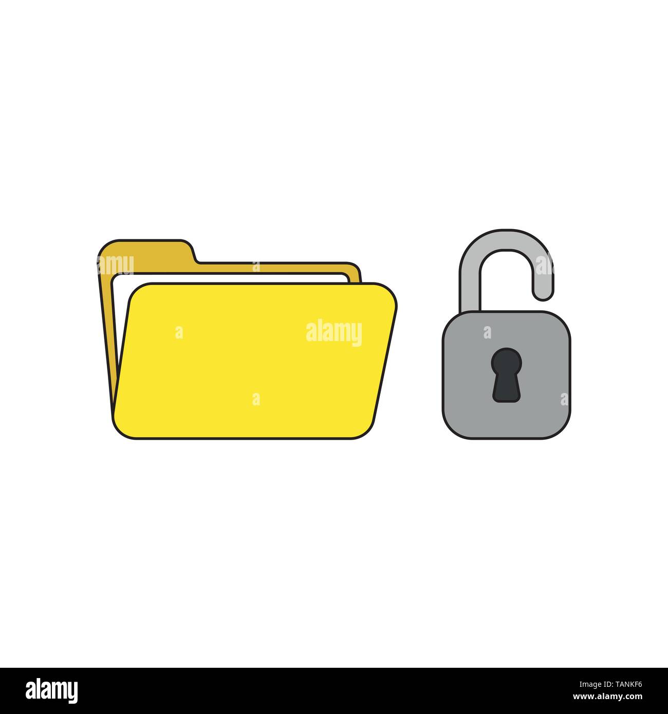 Vector icon concept of opened file folder with padlock. Black outlines and colored. Stock Vector