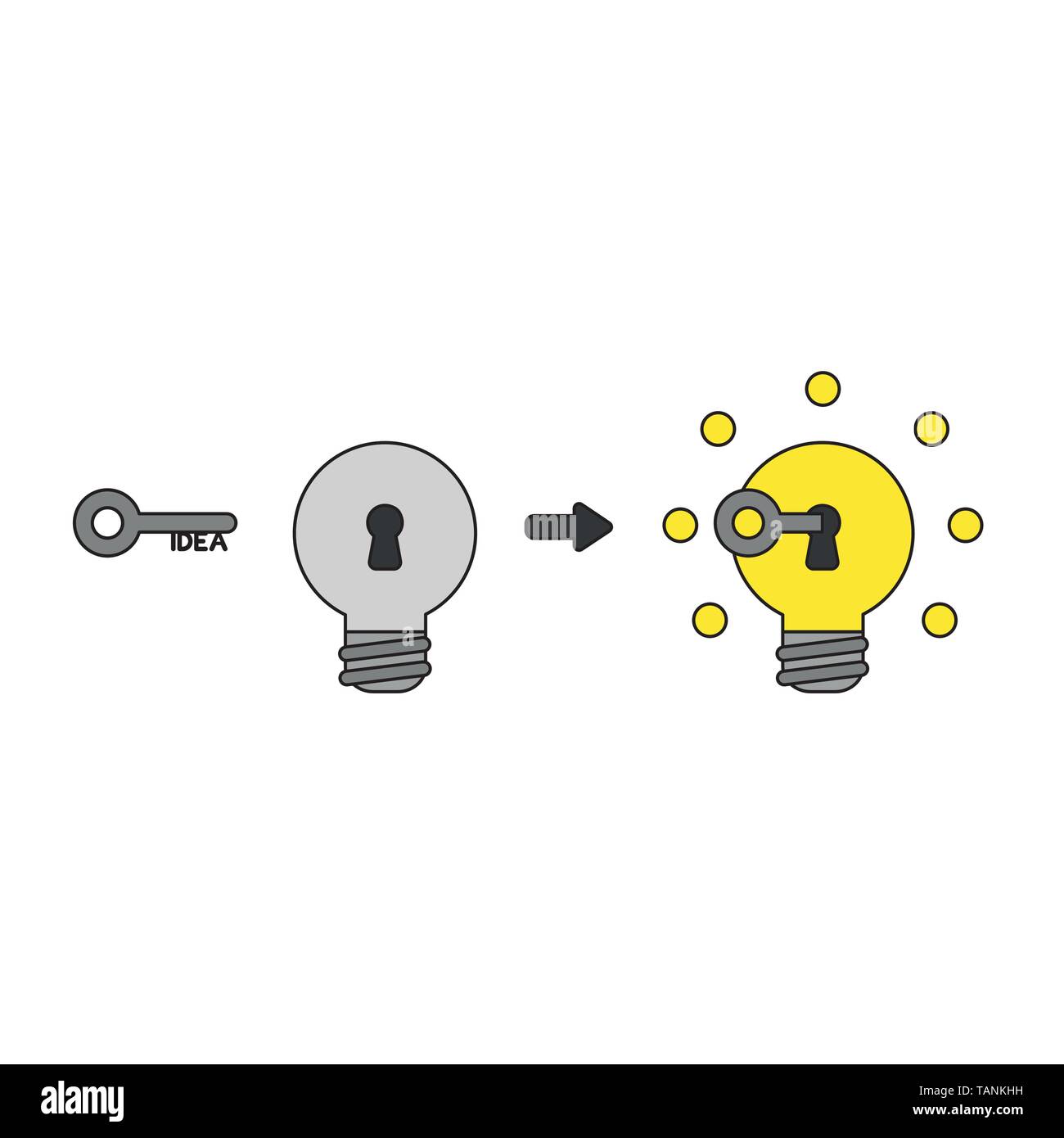Vector icon concept of idea key into light bulb keyhole and glowing ...