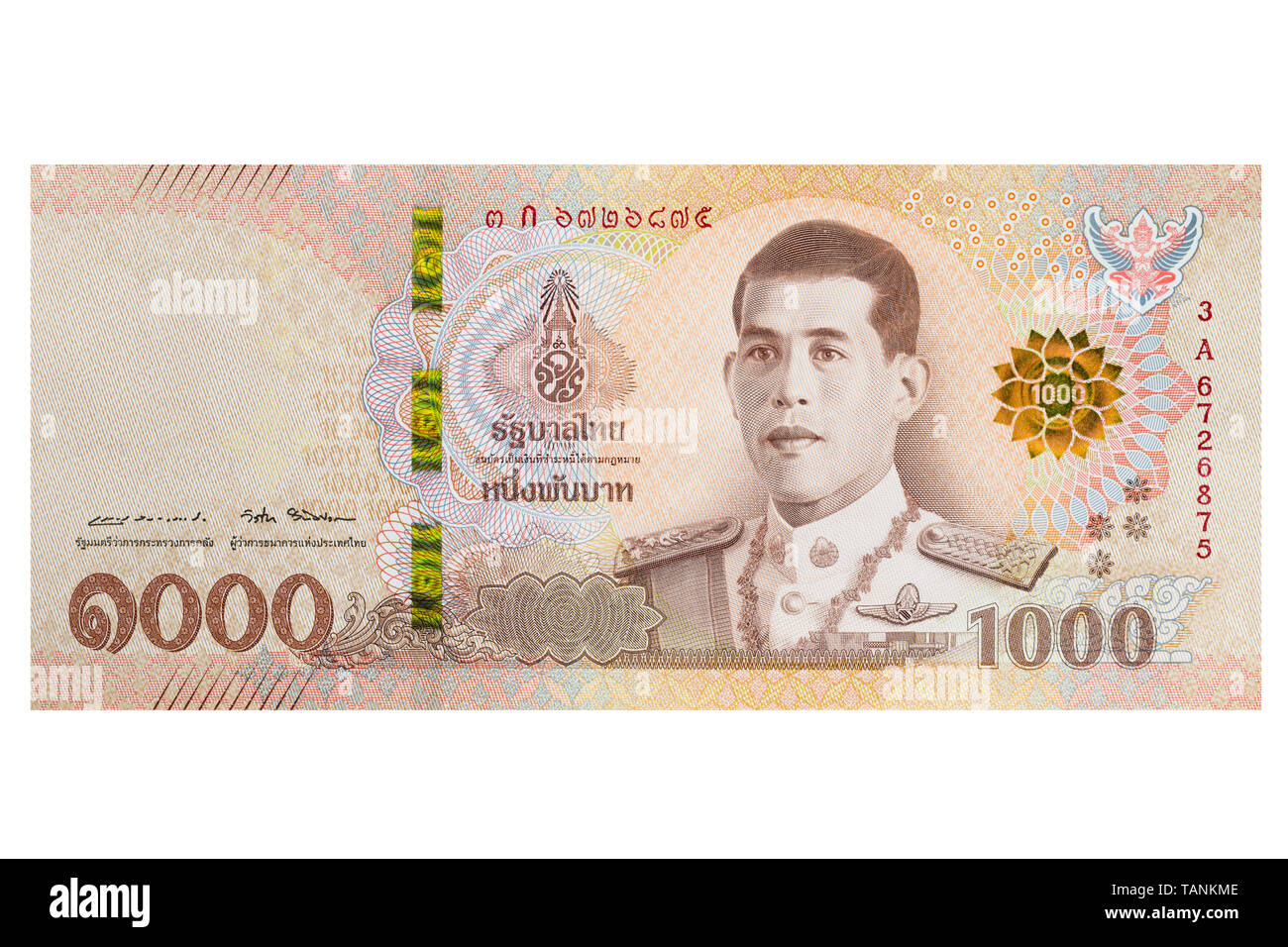 One thousand thai Baht note note on a white background Stock Photo