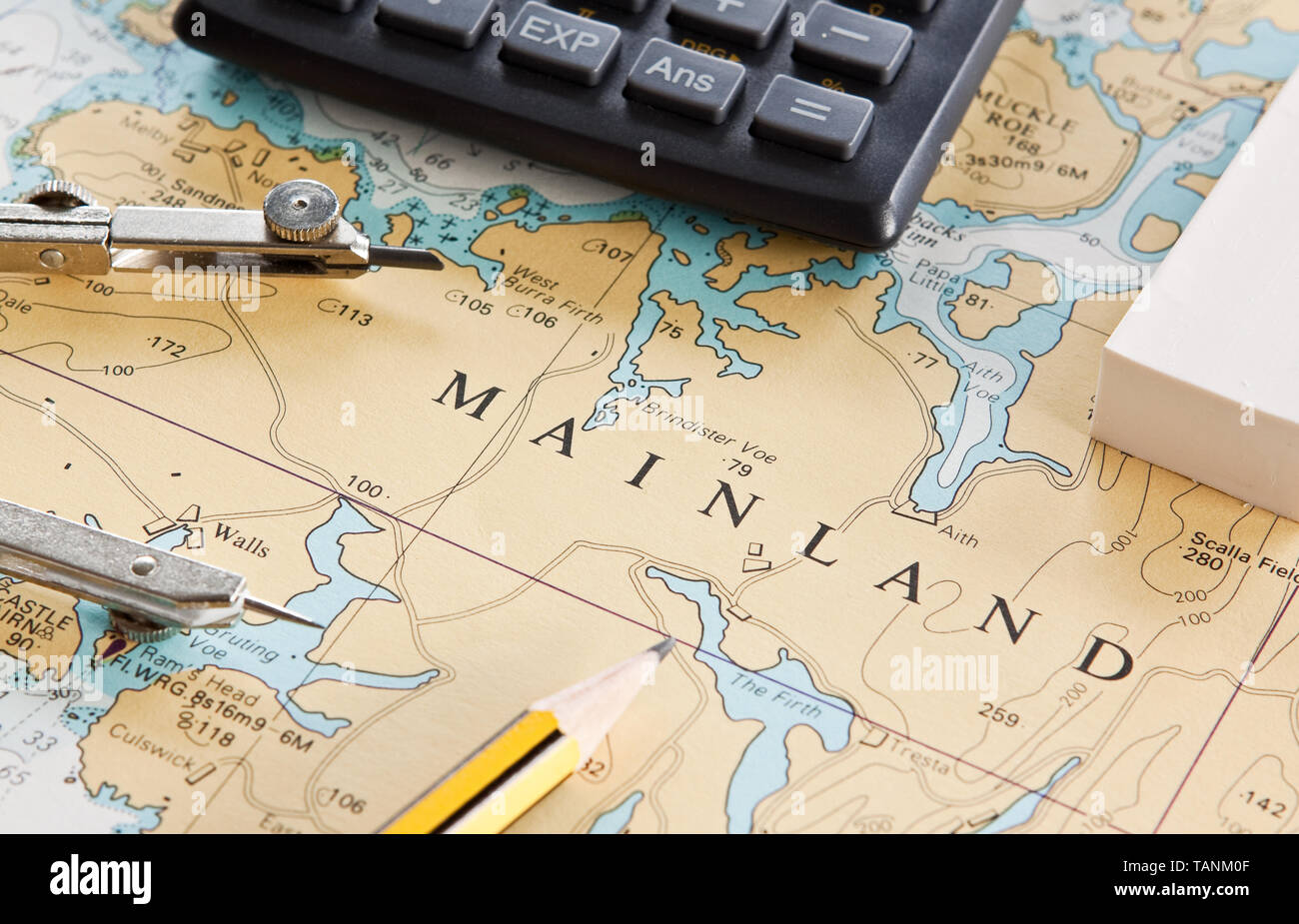 A Shetland nautical chart map. Shetland is at the very north of Scotland, UK. Stock Photo