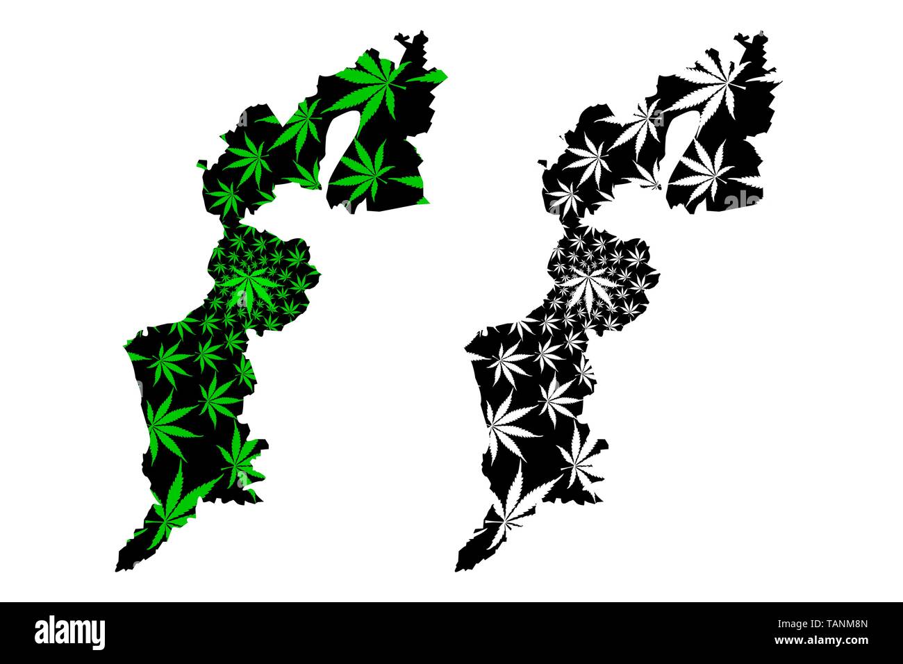 Burgenland (Republic of Austria, States of Austria) map is designed cannabis leaf green and black, Burgenland map made of marijuana (marihuana,THC) fo Stock Vector