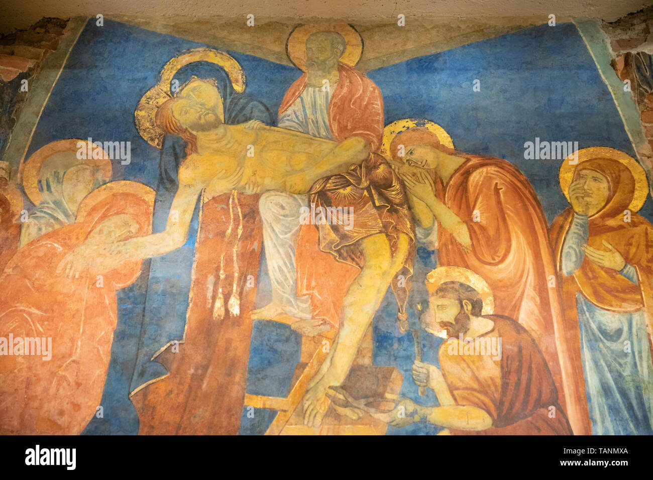 The deposition from the cross painting in the crypt of the Duomo di Siena, Siena, Siena Province, Tuscany, Italy, Europe Stock Photo