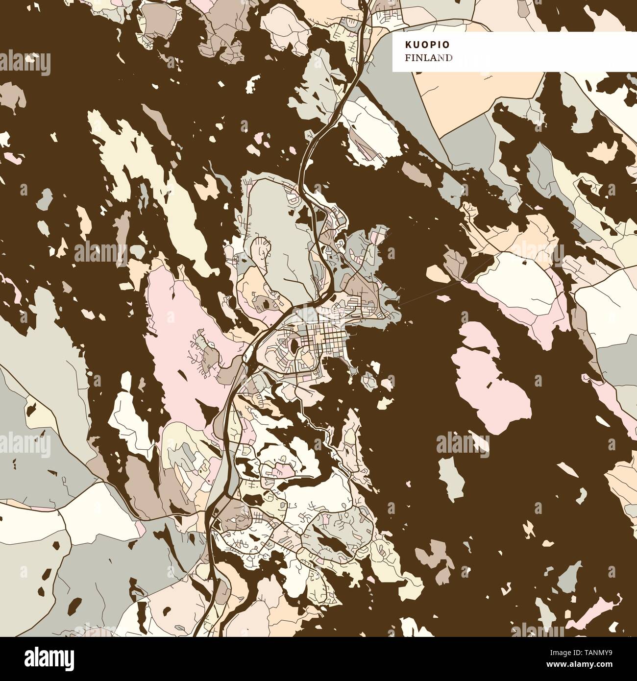 Map of Kuopio Finland, art map print template. brown colored version ...