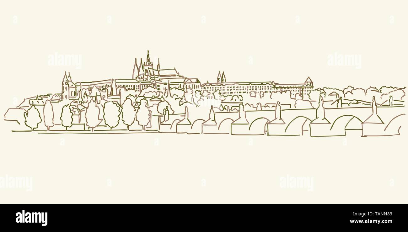 Prague Skyline drawing, brown colored version for Apps, Print or web backgrounds Stock Vector